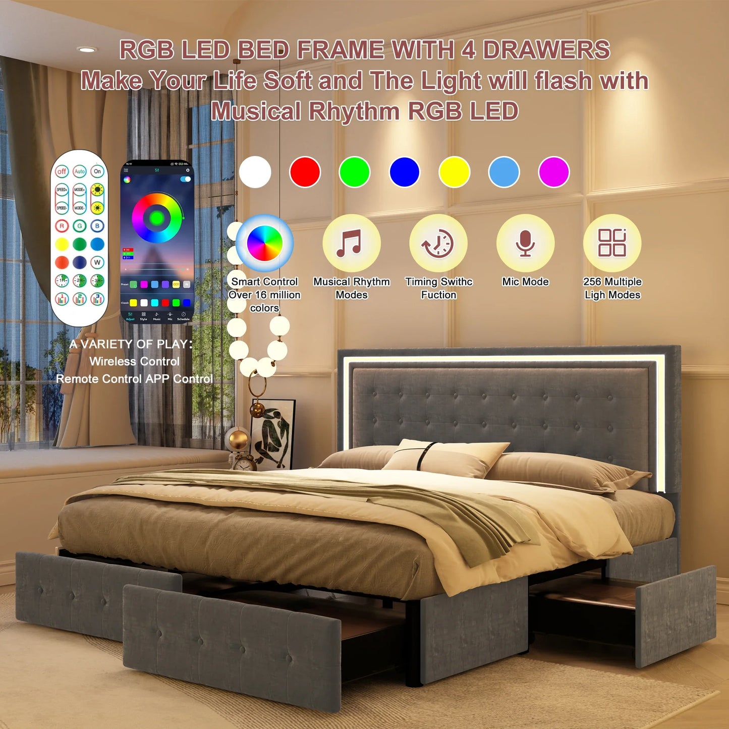 Queen LED Bed Frame, 4 Storage Drawers, Headboard, No Box Spring Needed