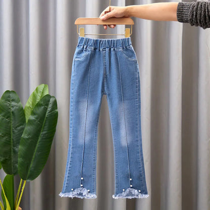 2024 New Autumn Elastic Kids Jeans, Girls Cute Leisure Bow Denim Children Flared Pants.