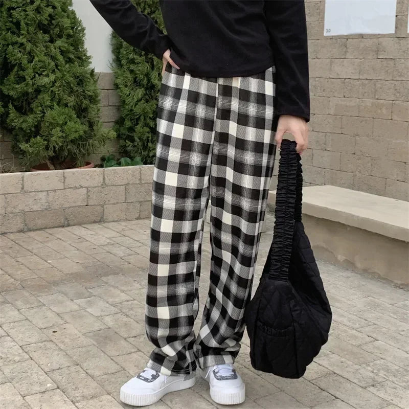 Warm Plush Pants, Cashmere Thick Plaid Ladies Winter Loose Wide-legged Pants