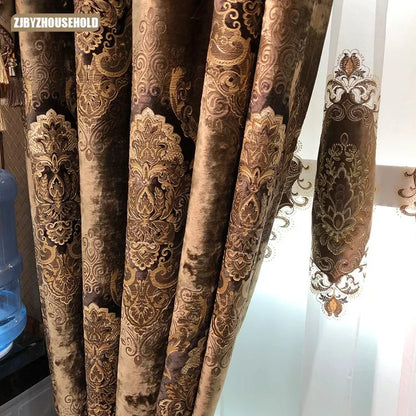 Curtains for Living Room, Dining, Bedroom, High Window Luxury Print Velvet Carved Gold