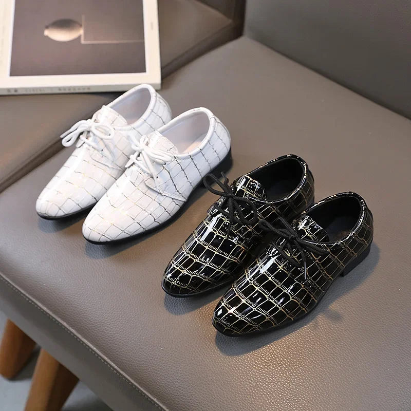 Boys Performance Shoe, Pointed Toe Black, White Children Leather Casual Shoes.