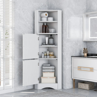 Tall Bathroom Corner Cabinet, Freestanding Storage with Doors, and Adjustable Shelves.