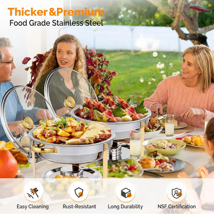 5QT 4 Packs Chafing Dish Buffet Set Gold Accent, NSF Round Stainless Steel Buffet Warmer.