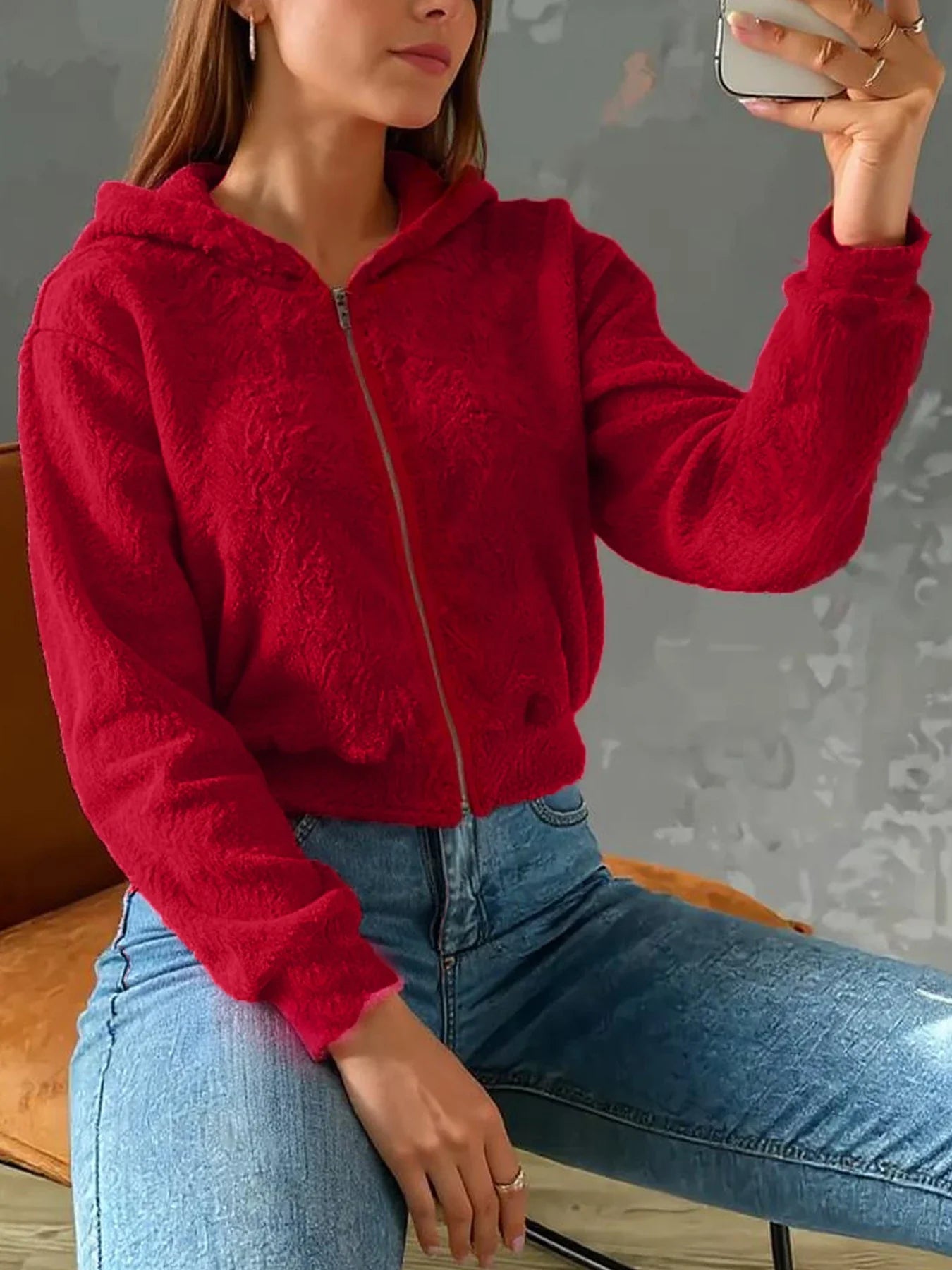 New Christmas collection Women autumn and winter red plush, hooded short coat with zipper design.