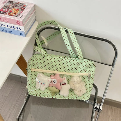 Y2K Ulzzang Ita Bag for Women | Trendy Polka Dot Canvas Shoulder & Underarm Tote (Transparent Pocket, Youth Fashion)