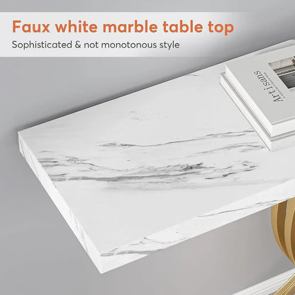 Gold Entryway Table, Modern 39-Inch Console Faux Marble Metal Legs.