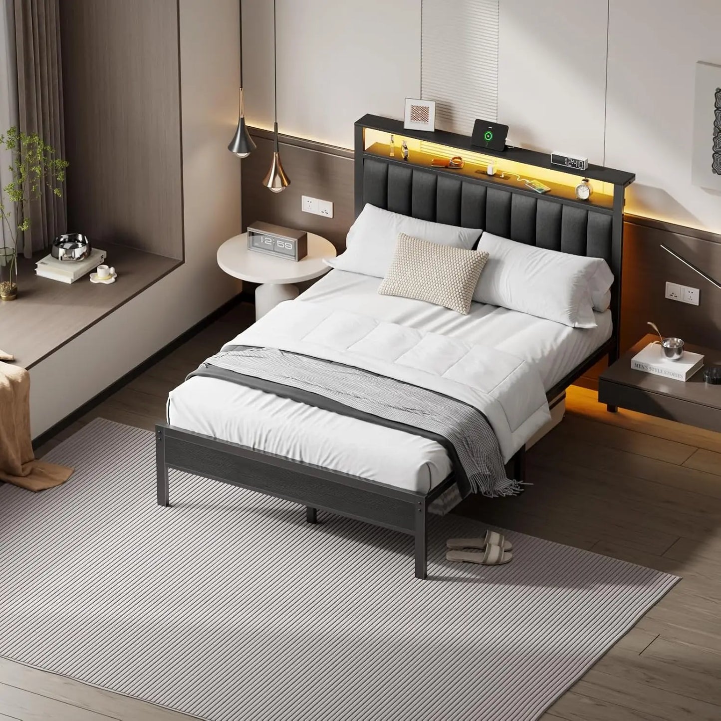 Queen Size Bed Frame with Charging Station and LED Lights, with Metal Slats, Grey Upholstered Headboard.