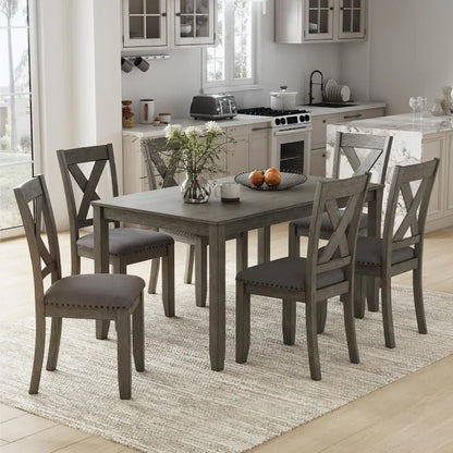 Rustic 7-Piece Dining Set, Gray Rectangular Table, with 6 Upholstered X-Back Chairs, Farmhouse Design.
