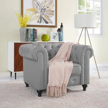 2pc Modern Tufted Faux Leather Living Room Sofa Set With Button & Nailhead Trim Scroll Arms, Grey, Customized