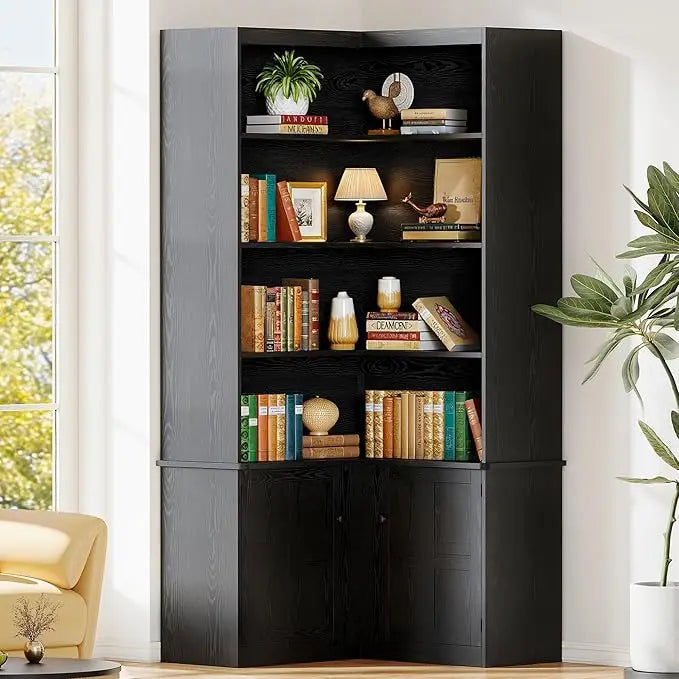 Corner Bookshelf with Doors, 6 Tier Bookcase with Storage, Corner Shelf with Cabinet, Large Bookshelf for Living Room.