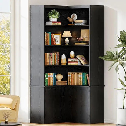 Corner Bookshelf with Doors, 6 Tier Bookcase with Storage, Corner Shelf with Cabinet, Large Bookshelf for Living Room.