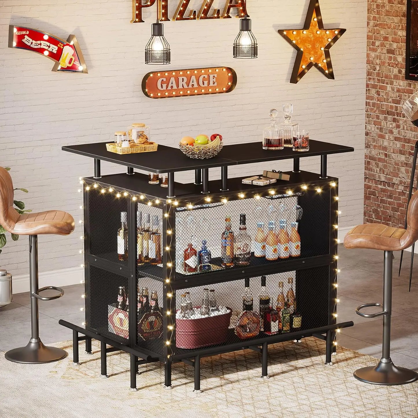 L-Shaped Bar Table with Stemware Racks and 2-Tier Shelves with footrest