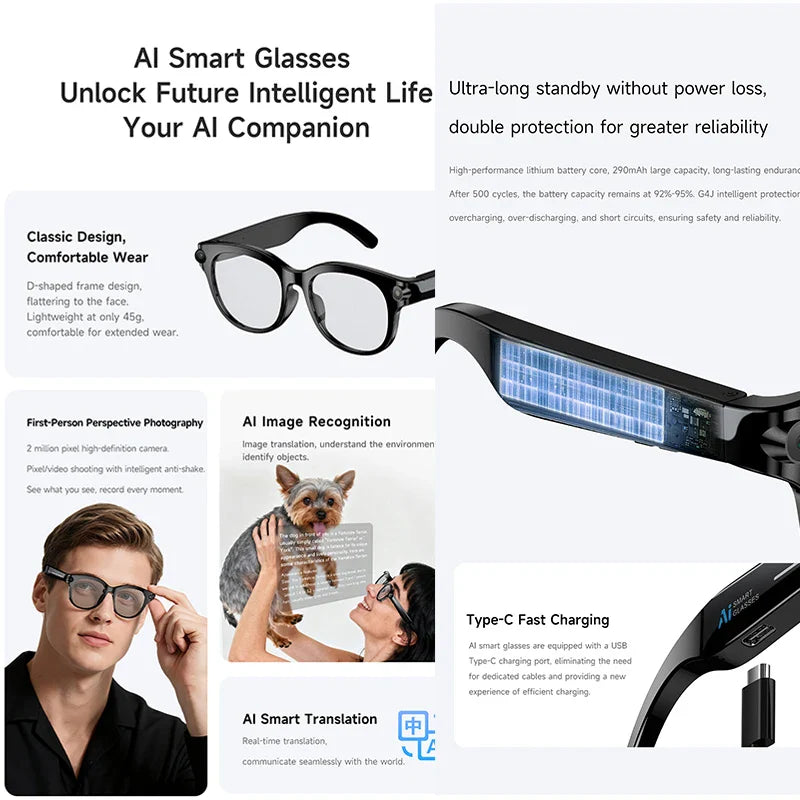 2026 AI Smart Glasses, 200W HD Camera, 1080P Translation, AI Voice Assistant, Music Playback, LED Flashlight Men Women Smart Glasses.