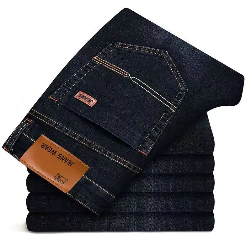 New Business Men Jeans, Casual Straight Stretch Fashion, Classic Blue, Black Work Denim Trousers.