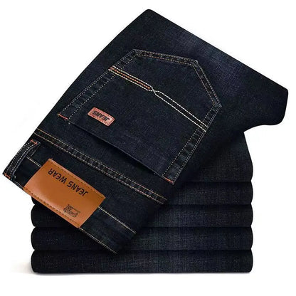New Business Men Jeans, Casual Straight Stretch Fashion, Classic Blue, Black Work Denim Trousers.