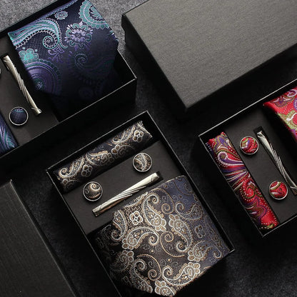 100% Silk Necktie Paisley Floral Men Business Tie, Pocket Square ,Tie Clip ,Cufflinks Set  Gift Box.