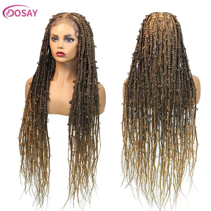 36" Butterfly Braided Full Lace Wig | Honey Blonde & Burgundy Goddess Locs | Synthetic Box Braids | Transparent Lace
