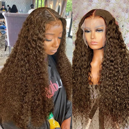 Chocolate Brown Deep Wave Frontal Wig | 13x4 HD Transparent Curly Lace Front Human Hair Wig (Bleached, Brazilian Brown Colored)