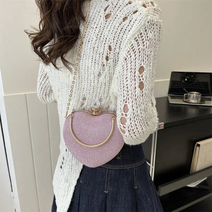 Shiny Heart Shape Metal Evening Clutch Bag for Women | Fashion Chain Shoulder Crossbody Bag (Luxury Lady Purse)