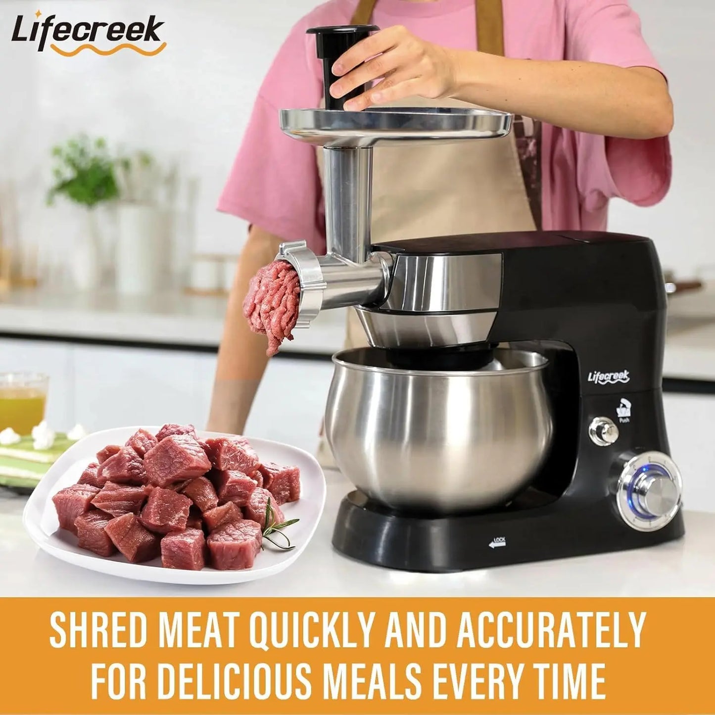 3-in-1 Multifunctional Stand Mixer, 5.3Qt 660W, 6-Speed Tilt-head with Stainless Steel Bowl, Meat Grinder, Juice Blender.