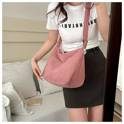 Women's Corduroy Shoulder Bag | Casual Striped Large Capacity Tote with Zipper (Cute Hat Patch, Everyday Use)