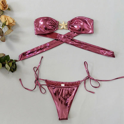 Gem Blue Glossy Bikini , Summer Beach Vacation Outfits, Thong Bathing Suit.