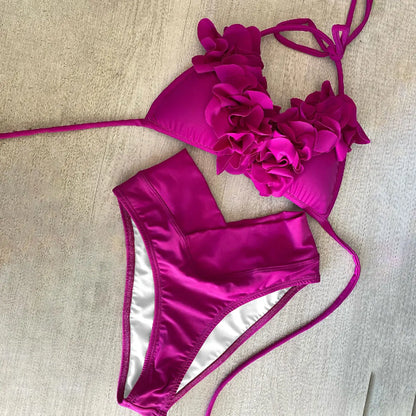 3D Flower Bikini Set  Low Waist Swimwear , Women Solid , Sexy Beach Wear Female.