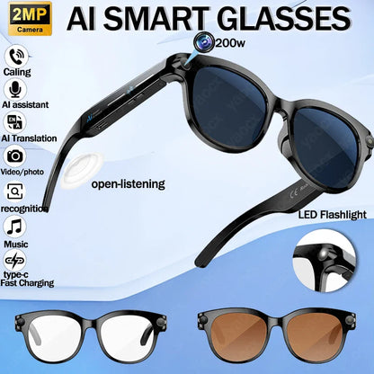 New 200W HD Camera Smart Glasses, AI Assistant Photo Recognition, Video Recording, 290mAh 512M Storage Smart Sunglasses.