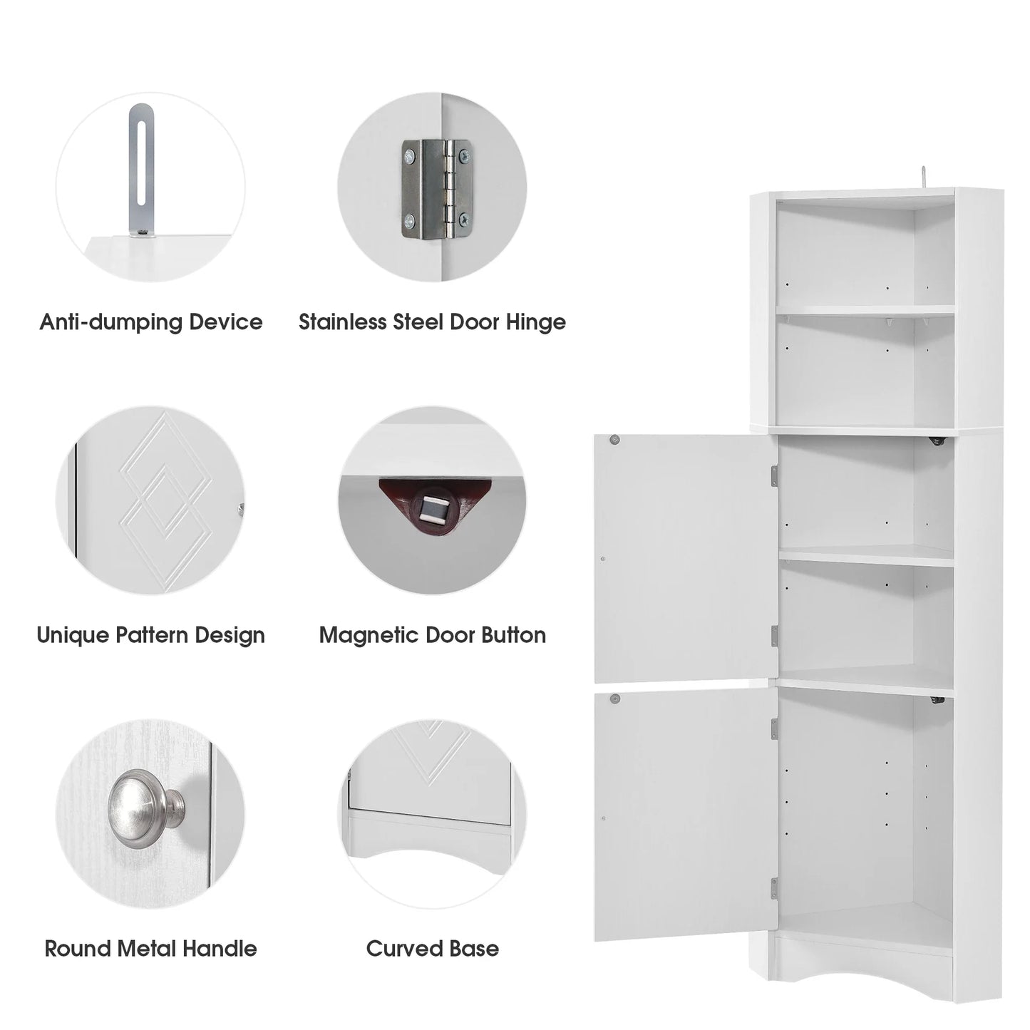 Tall Bathroom Corner Cabinet, Freestanding Storage with Doors, and Adjustable Shelves.