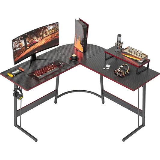 L-Shaped Gaming Desk ,Carbon Fiber Surface, Built-in Monitor Stand Home Office.