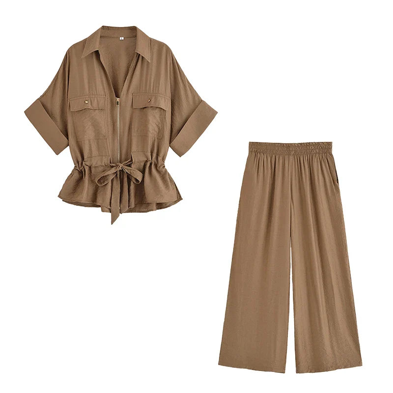 Women Fashion 2 Piece Set Solid Front Zipper Shirts & Vintage High Elastic Waist Trousers Female.