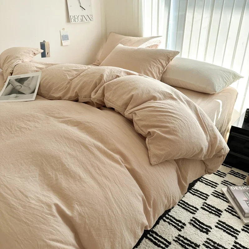 Bed Linen Solid Cotton Bedding Set, with Sheet, Duvet Cover, Pillowcases. Single Couple Bedsheet King, Queen Double Twin Size