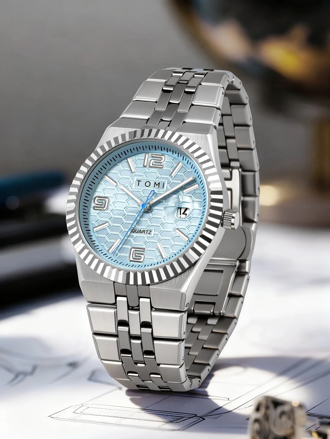 Luxury Men's Watch Steel Band, Calendar, Multi-function Quartz Watch, Ring, Cufflink Gift Box Set.
