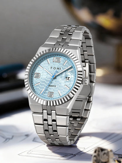 Luxury Men's Watch Steel Band, Calendar, Multi-function Quartz Watch, Ring, Cufflink Gift Box Set.
