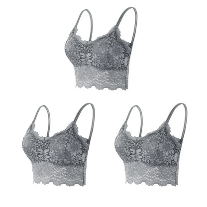 3PCS Women's Lace Top Comfortable Bralette, Solid Color Underwear Vest.