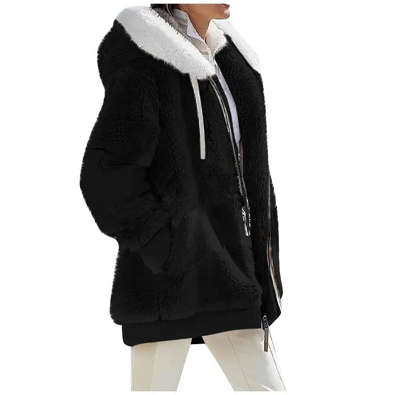 Fashion Women's Coat, Hooded Zipper Lady Cashmere Fleece Jacket.