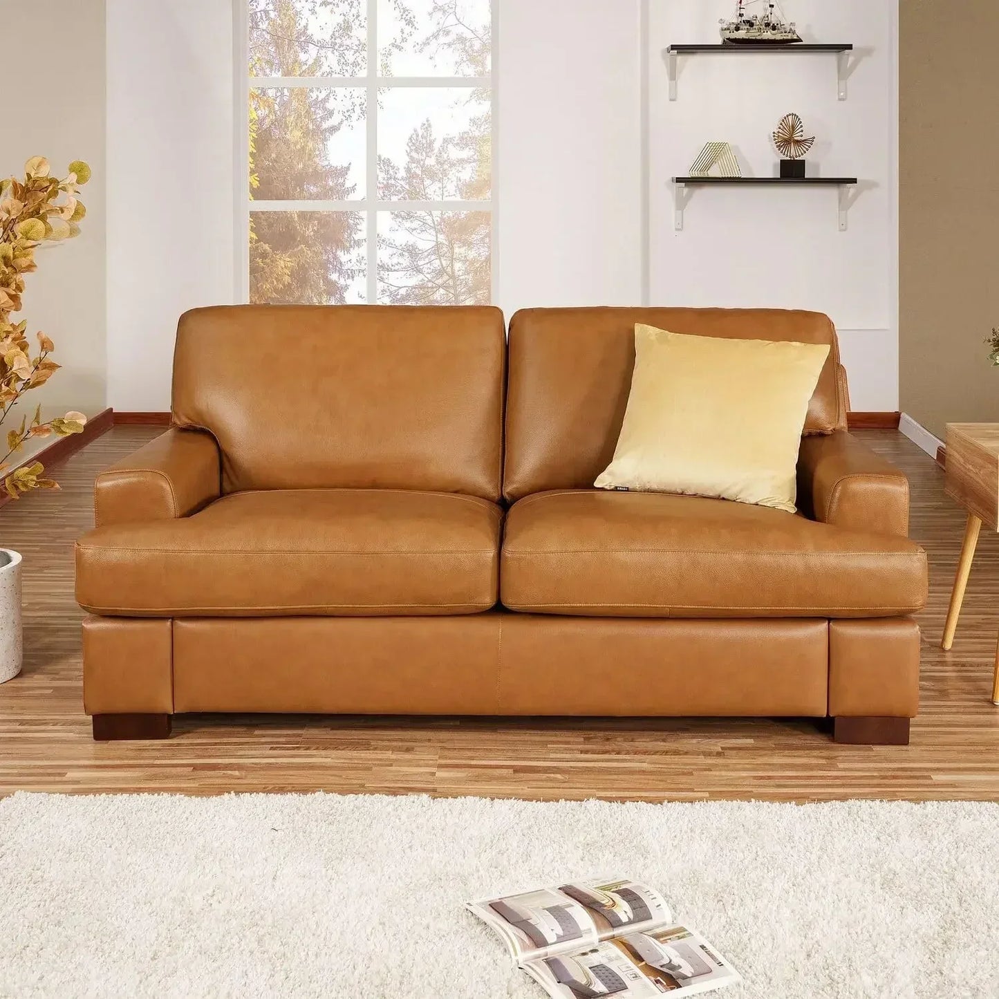 Genuine Leather Sofa Set of 3, Luxurious Comfortable Goose Feather Cushion Filling, Square Arm Design.