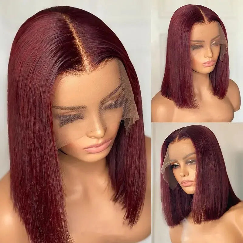 Brazilian  HD Transparent Short Bob Human Hair Wigs Highlight Burgundy 99J Straight