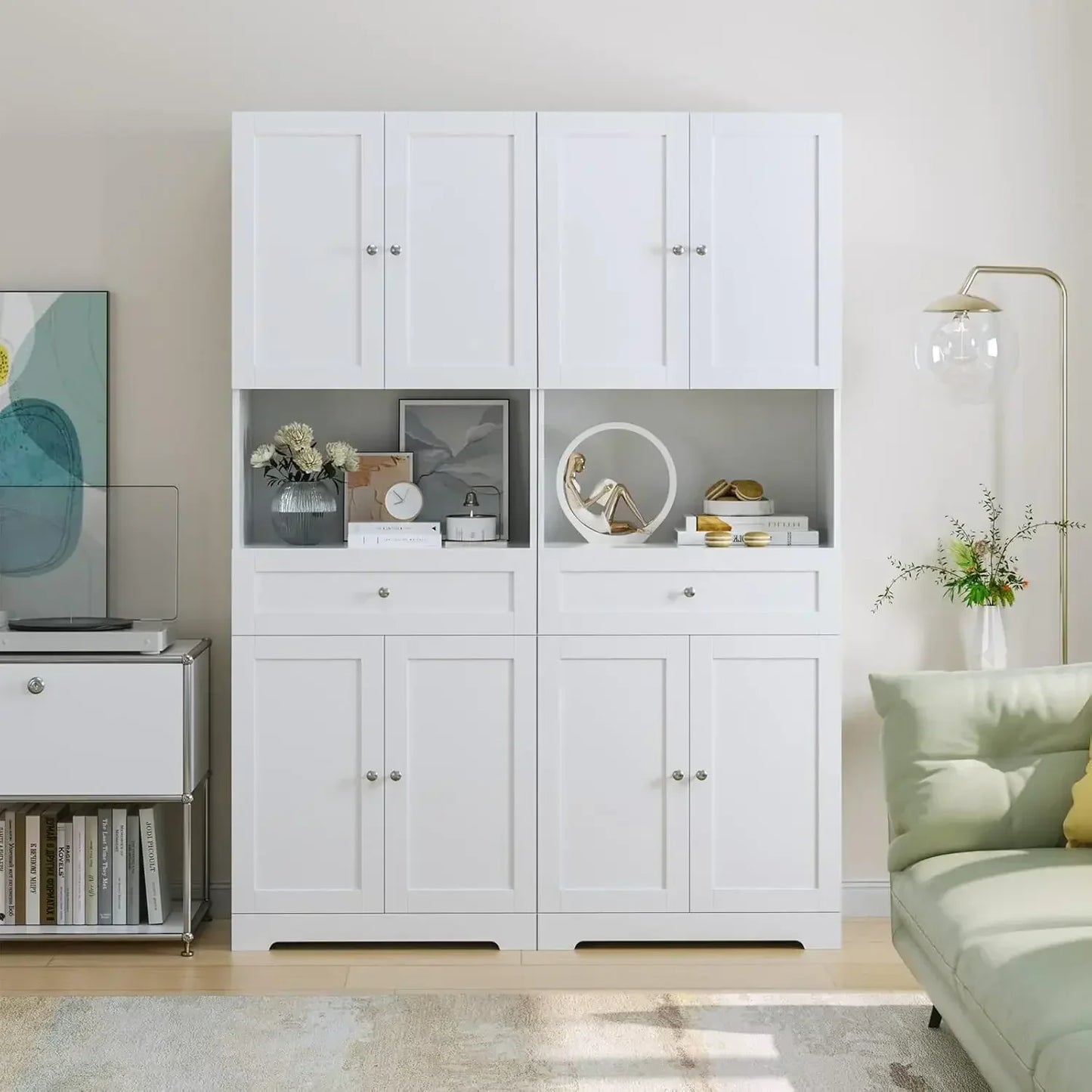 67.5 Tall 4-Door 1-Drawer Kitchen Pantry Cabinet with Open Countertop & Adjustable Shelves for Dining & Living Rooms (White)