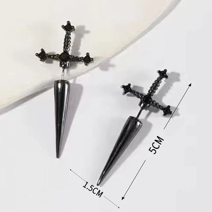 Hip Hop Cross Sword Stud Earrings For Women, Classic black Crystal Stone Silver Ox Gold.