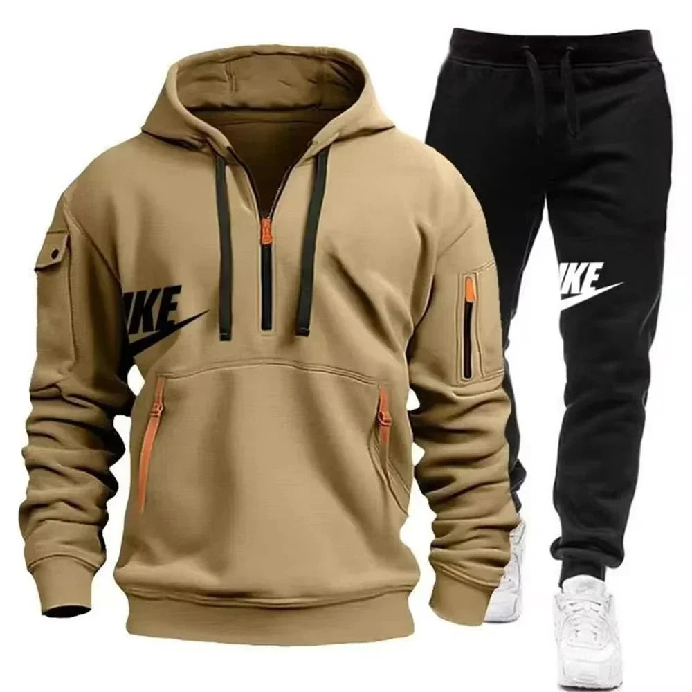 2025 New men's autumn and winter zipper hoodie + trousers casual sportswear.
