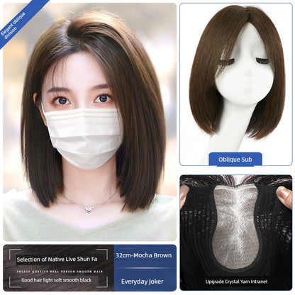 Natural Full-Head Human Hair Wig | Classy Collarbone Length Short Straight Wig with Oblique Bangs for Women (Sweet & Lovely, Elegant Style)