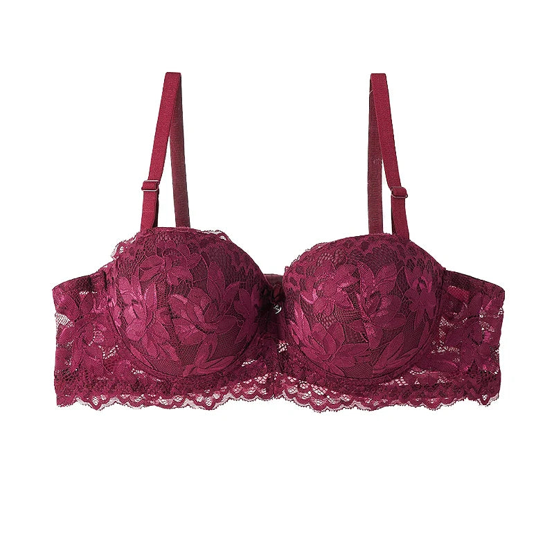 Women's Push Up Half Cup Bras, French Lace Floral Thicken Bottom, Gathered Underwire 36-42 Cup Soft Underwear.