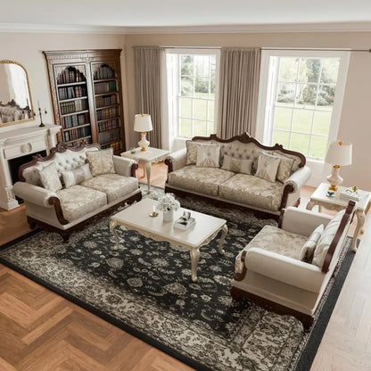3-Piece Traditional Style Sofa Set, Fabric Upholstery with Button Tufted Back and Nail head Trim.