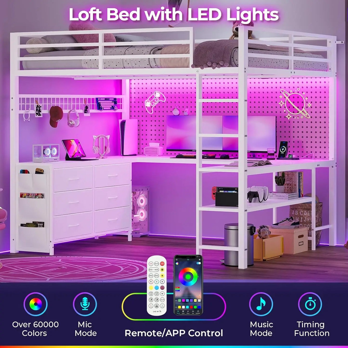 Loft Bed Full Size with U-Shaped Desk, 6 Storage Drawers, Power Outlet, LED.