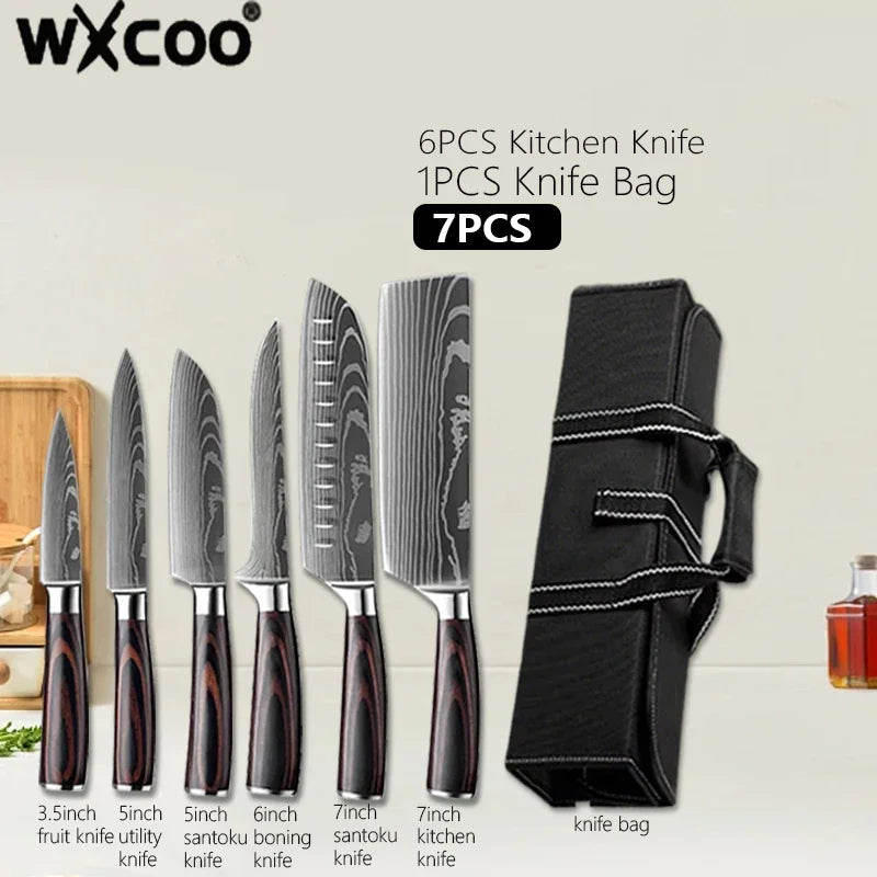 Damascus Steel Kitchen Knives VG10 Steel Fish Boning Knife Meat Cleaver Fruit Utility Cutter with Long Magnetic Knife Block