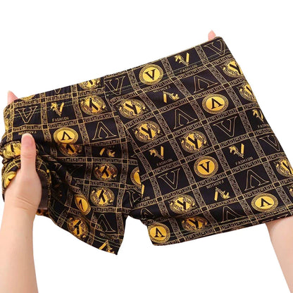 4pcs Luxury Men's Boxer, Golden Greek Letter Print, High Stretch Fabric Waistband.