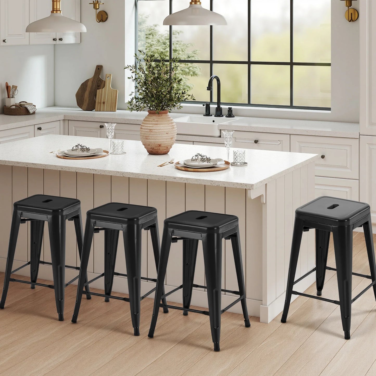 JHK 24 IN Metal Bar Stools, Set of 4 Stackable Stools, No Assembly Required.