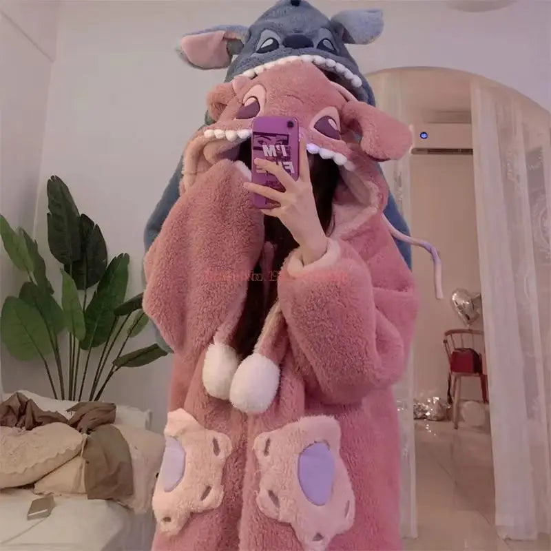 Disney Stitch Warm Fleece Lined Sleepwear Robe, Soft Material Men, Women Pajamas Set.