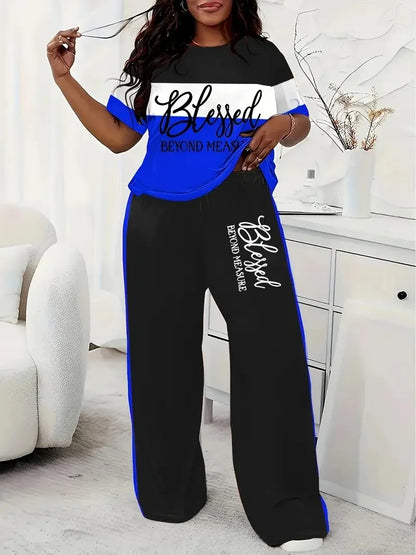 Plus Size Women's Casual Short-Sleeved Striped Printed Loose Pocket Pants Suit